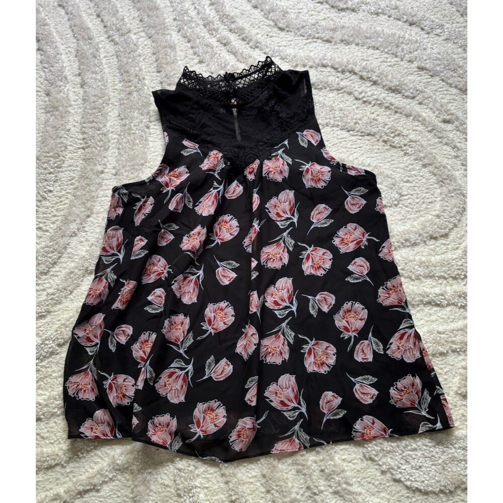 Iz Byer Black And Floral Tank Top Blouse With Lace Chest Detail high neck